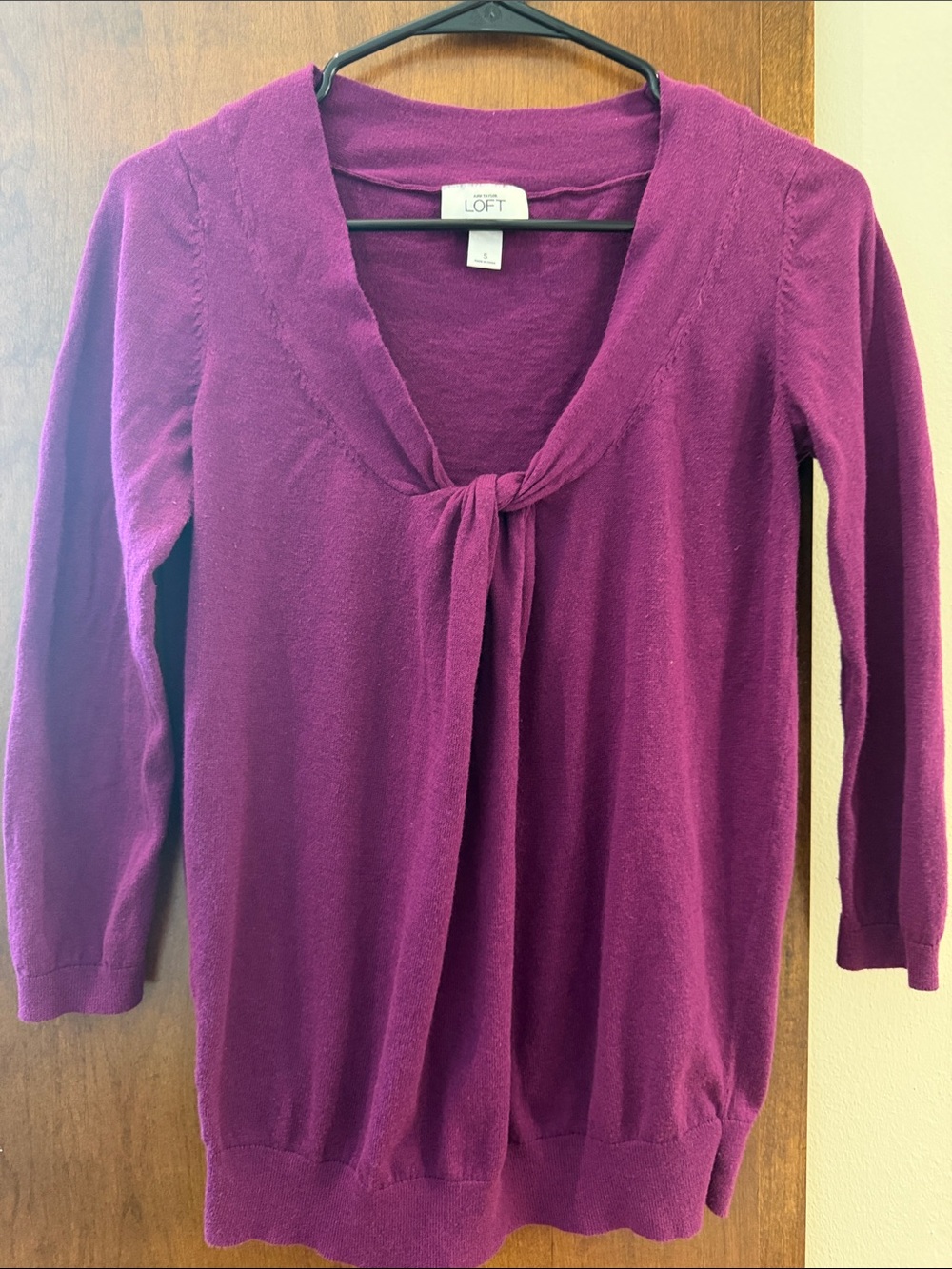 LOFT Plum Tie-Neck V-Neck Knit Sweater Top